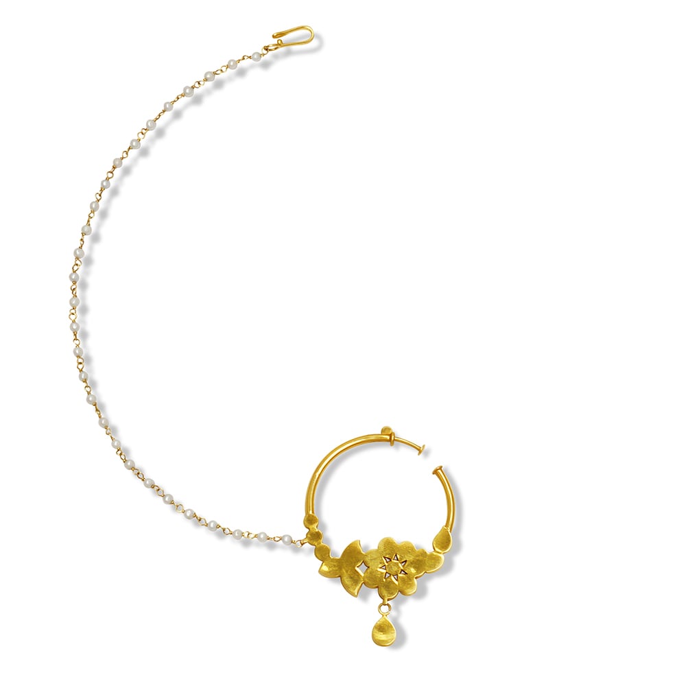 Polki Floral Nath with Gold Setting and Pearl String Support